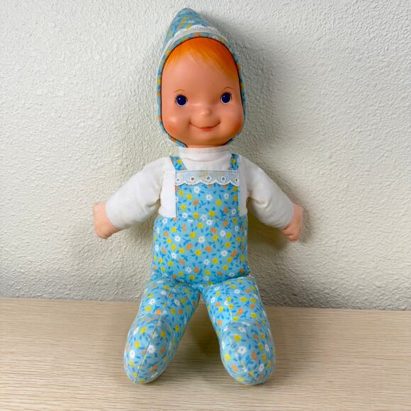 Vintage 80s Fisher Price Bobbie Doll #245 Soft Cloth Blue Flowers Hood 12" - Picture 1 of 9